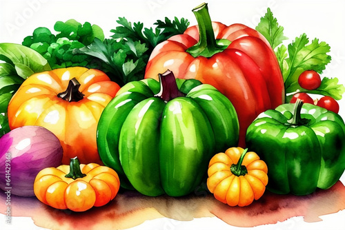 Watercolor drawing. Fresh organic vegetables, greens