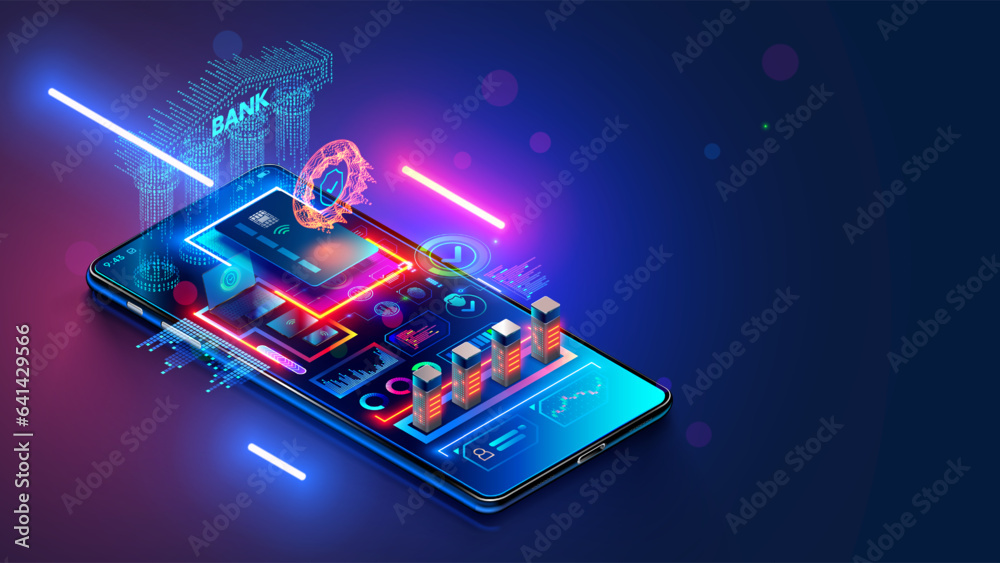 Online mobile banking phone app concept. Abstract Digital bank in smartphone. Banking