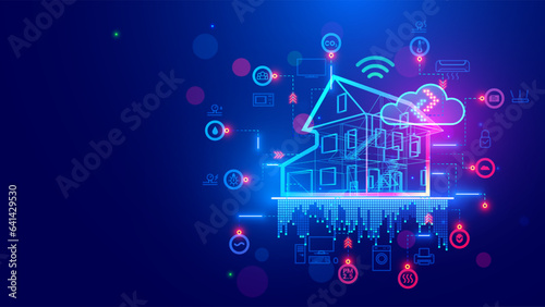 3d blueprint plan of smart home with icons IOT devices. Smart home conceptual banner. Building House system internet of things. IOT in Smart Home technology. System remote controls domestic devices.