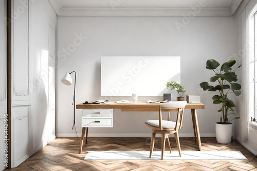 A tranquil bedroom with an white empty canvas frame for a mockup above a writing desk  encourages creative contemplation. 