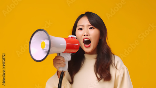 Cheerful of cute Asian woman holding megaphone making announcement.