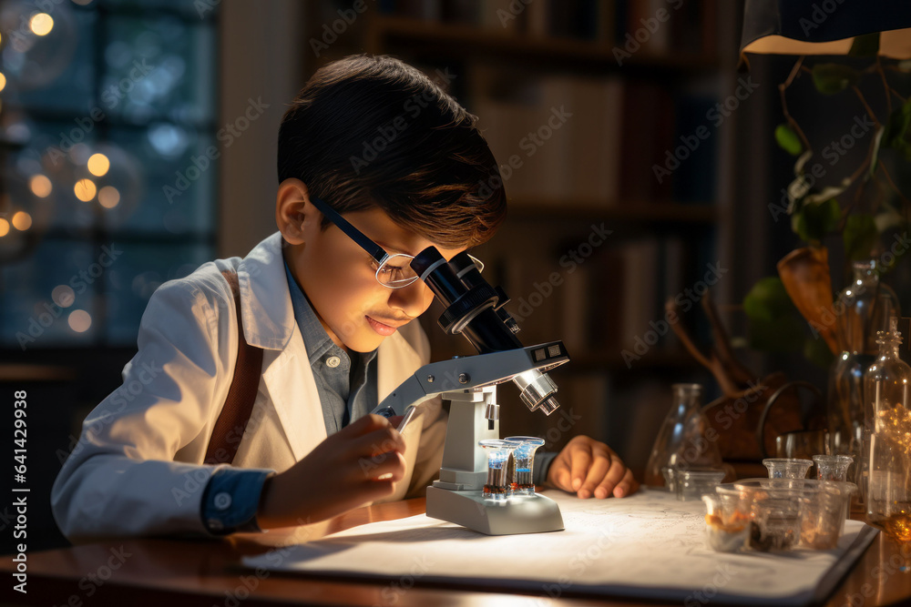 indian boy and chemistry experiment and microscope. - obrazy, fototapety, plakaty 