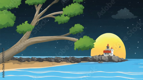 A lighthouse is situated atop a beach, adjacent to a tree