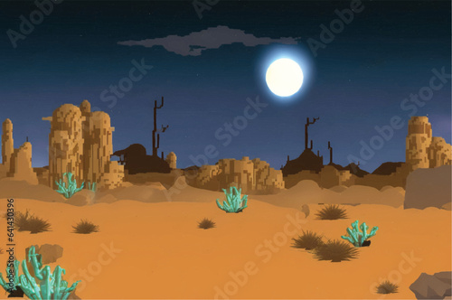 The majestic full moon casts a soft glow over the vast desert landscape