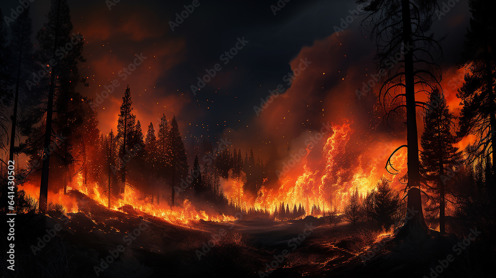 Intense flames from a massive forest fire. Flames light up the night
