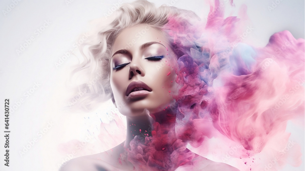 Women faces.Young woman  Girl in abstract smoke  and water drops Fashion spa salon advertising. Abstract fashion concept.