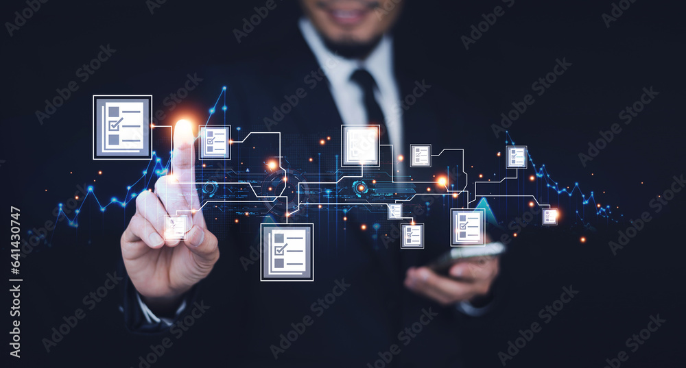Document Management System (DMS) in addition to digitization and process automation to efficiently manage files.Document Management Data System Business Internet Technology Concept.