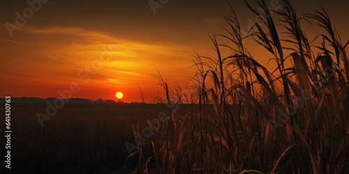 harvest moon rising over a field of corn stalks