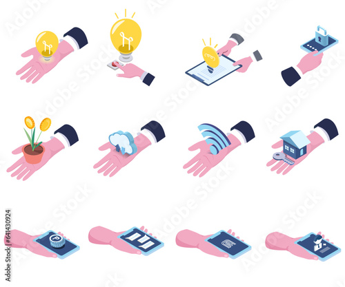 isometric illustration set  of hand with smartphone,coud,wifi and coin