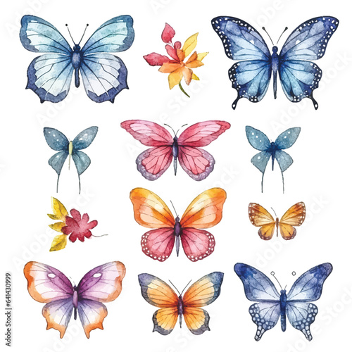 Butterfly Kaleidoscope  Watercolor Colorful Set on White Background