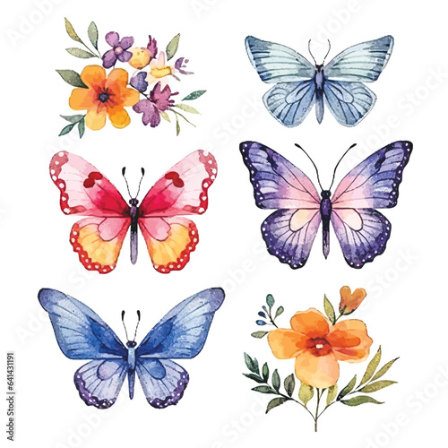 Butterfly Kaleidoscope  Watercolor Colorful Set on White Background