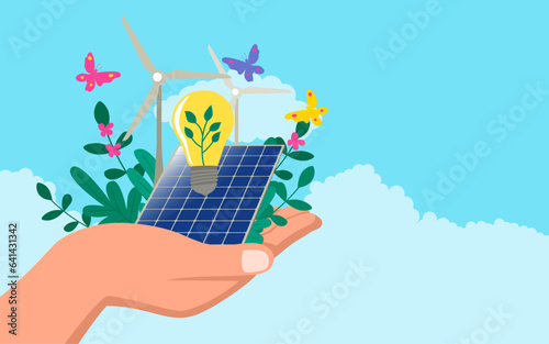 Hand holding renewable energy icons adorned with natures beauty. A harmonious blend of sustainability and innovation, ideal for projects promoting eco-friendly practices and a balanced future