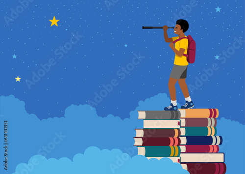 Journey of discovery with a cartoon illustration, a young black boy, backpack on his shoulders, stands atop books, gazing at the stars through a telescope