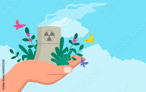 Hand holding nuclear power plant. This image represents the dual nature of nuclear power, evoking thoughtful conversations on its benefits and challenges in the modern energy landscape