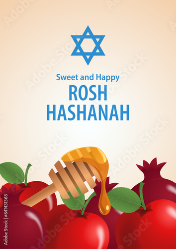 Embrace Rosh Hashanah's spirit with this background template. Honey dipper, pomegranates, and apples, making it perfect for creating festive designs rich in cultural significance