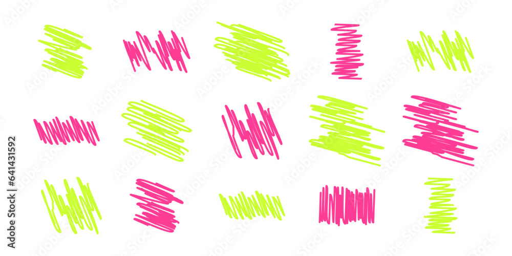 Neon pink and green highlight marker pen spots and lines isolated on a ...