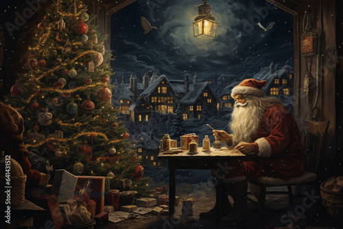 santa claus planning to deliver gifts on christmas night