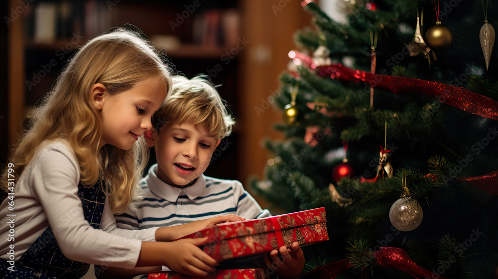 Joyful European Siblings Celebrating Christmas by the Tree. Generative AI