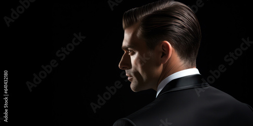 man's slicked-back hairstyle, emphasizing its texture and shine against a dark brown background, room for copyspace