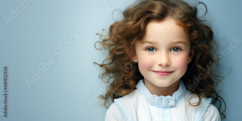 child's rosy cheeks and button nose, radiating innocence against a powder blue background
