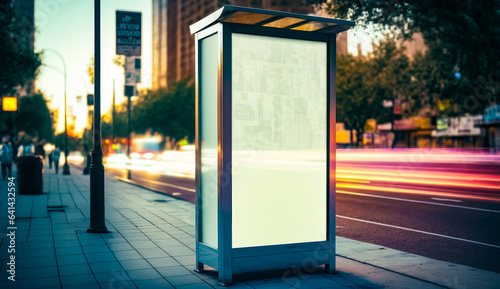 Bus stop sitting on the side of road next to street. Generative AI