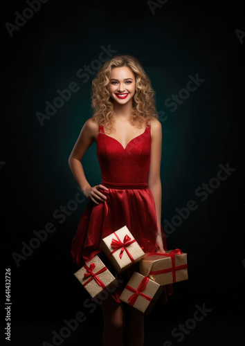 Generative AI, beautiful european curly blonde girl in a red shiny evening dress with gift boxes in a skirt on a black background, happy new year, merry christmas, celebration