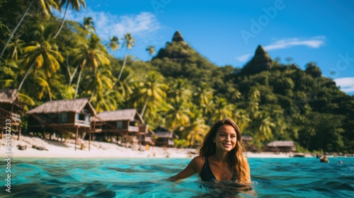 Tropical Bliss: Happy Woman Swimming at Seashore of Paradise Island
