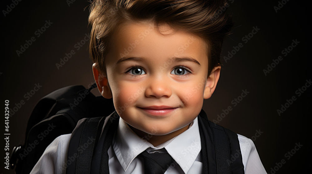 Happy little student boyl in smart clothes with a backpack on his shoulder goes to school. Generative AI Happy little student boyl in smart clothes with a backpack on his shoulder goes to school. Generative AI