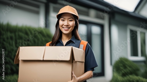 Young woman delivers parcel - smiling Asian postman, cardboard box, online store delivery, close-up