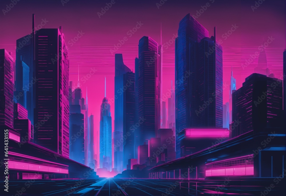 Cyberpunk style dark city with pink and blue neon lights - neo-noir, skyscrapers, gradient