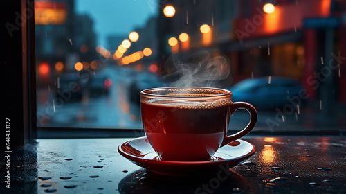 cup of coffee on  table top in street cafe at night  view on rainy city blurred light and houses 