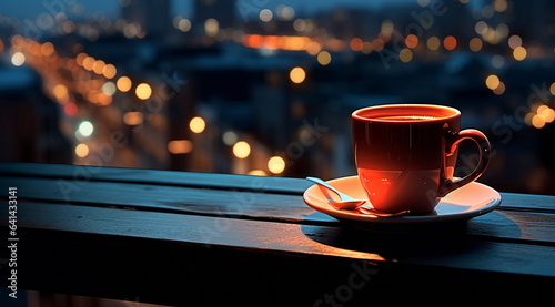 cup of coffee on table top in street cafe at night ,view on rainy city blurred light and houses,