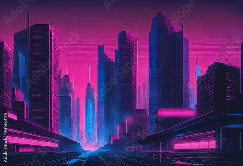 Cyberpunk style dark city with pink and blue neon lights - neo-noir, skyscrapers, gradient