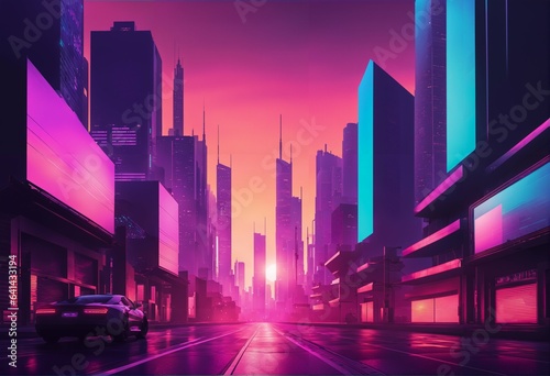 Beautiful sunset in cyberpunk cityscape - glitchy animation style, wallpaper/backgroun