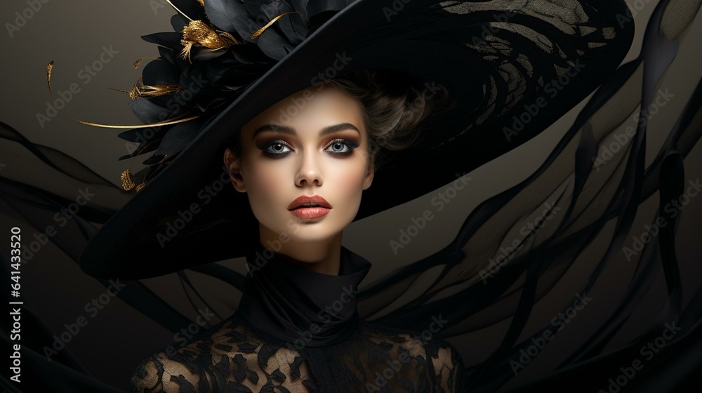 A beautiful woman wearing black dress and a hat A beautiful woman wearing black dress and a hat