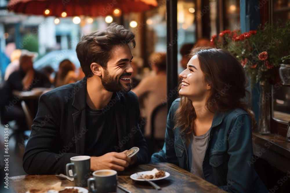 Happy young couple having a date at a cafe outdoors, drinking coffee