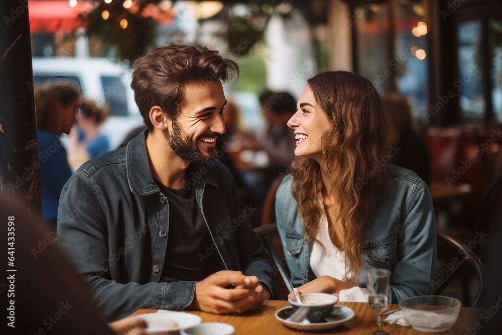 Happy young couple having a date at a cafe outdoors, drinking coffee