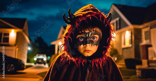 Cute little boy dressed as a devil on Halloween night in the city.