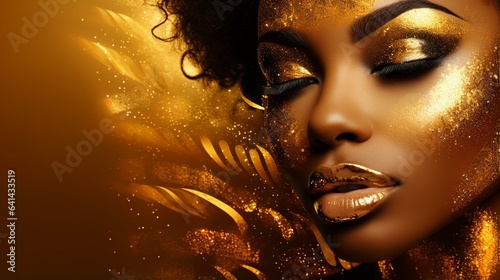portrait of a woman with makeup, Luxury woman, Golden face with black beautiful skin