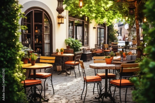 Cafe terrace with tables and chairs in european city