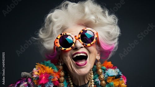 Funny old woman, attractive pink lady, old woman with white hair, old lady with sunglasses, beautiful old woman
