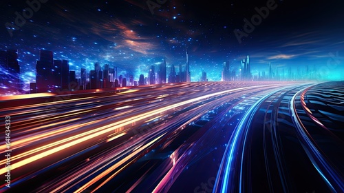 Colorful light trail illustration. Blue technology background with energy stream. Abstract dynamic flow and data transfer among places concept