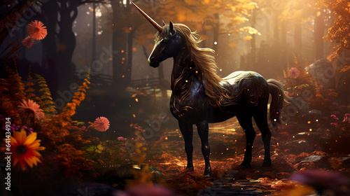 Digital art magic depicting a beautiful black unicorn with a majestic horn. Digital mystique of imagination between beauty and the unreal in the spotlight.