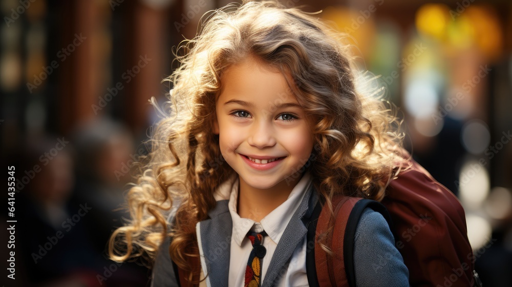 Happy little student girl in smart clothes with a backpack on her shoulder goes to school. Generative AI
