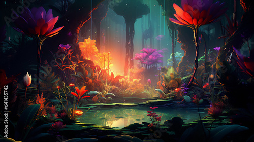 A surreal XR rainforest with vibrant  bio - luminescent flora and fauna. Exaggerated colors  surreal creatures  and a sense of harmony between the real and virtual worlds