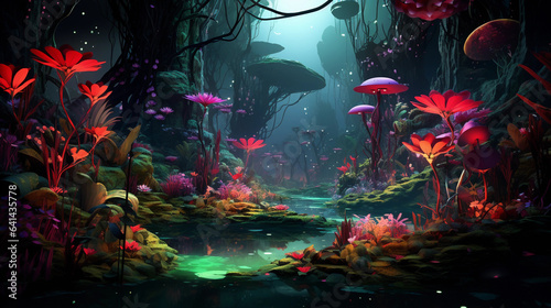 A surreal XR rainforest with vibrant, bio - luminescent flora and fauna. Exaggerated colors, surreal creatures, and a sense of harmony between the real and virtual worlds