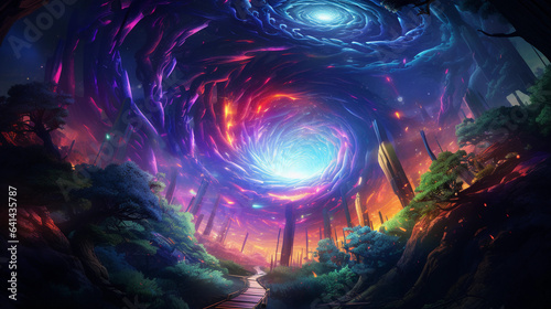 A swirling vortex of neon lights and digital code, merging with a forest of surreal, glowing trees in XR. Vivid colors, ethereal atmosphere, and a sense of infinite possibilities