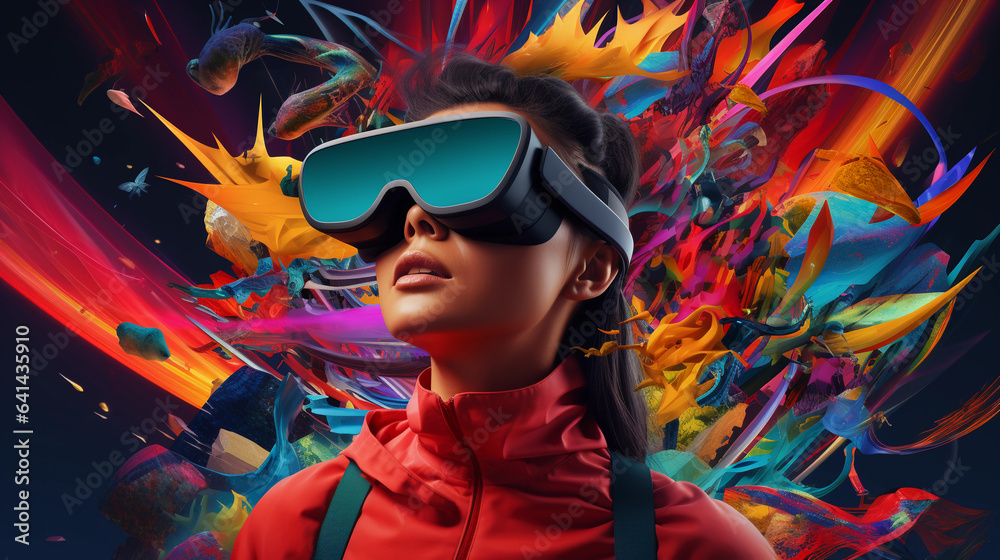 An abstract representation of the XR experience, with a human figure wearing XR glasses. Streams of data flow from the glasses, intertwining with the real world. Bright, electric colors and a sense of