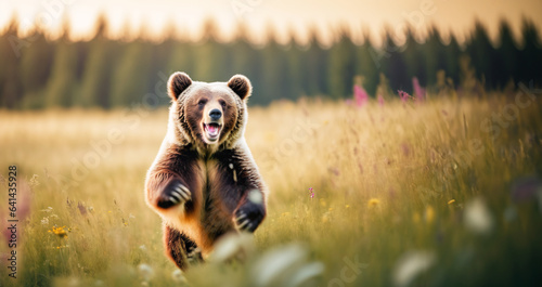 immagine primo piano di orso bruno che corre felice in un campo fiorito al tramonto photo