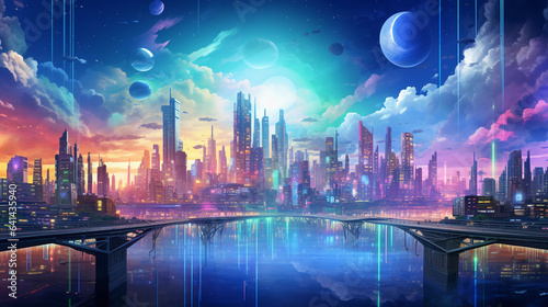 An otherworldly cityscape in XR  where skyscrapers morph into floating islands of data. The skyline is bathed in a surreal  iridescent glow  and translucent beings move through the city
